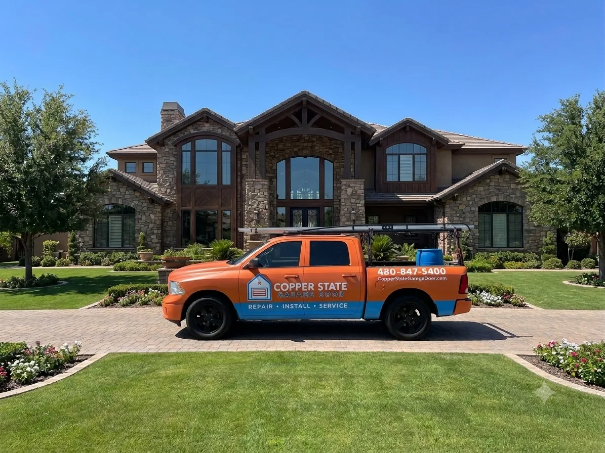 Copper State Garage and Gate service truck outside a Mesa home